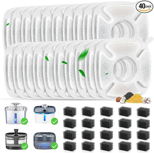 40 Pack Cat Water Fountain Carbon Filters, 20 Pcs Replacement Pet Filters with 20 Pcs Pre-Sponges Compatible with 67oz/2L 95oz/2.8L 135oz/4L Automatic Cats Dog Water Fountain Dispenser