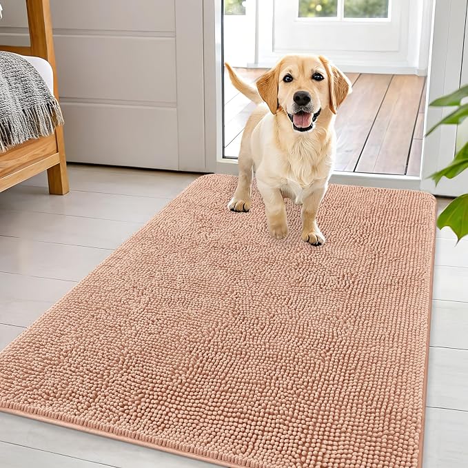 OLANLY Dog Door Mat for Muddy Paws 44x32, Super Absorbent Chenille Mud Mat | Peach, Absorbs Moisture and Dirt, Non-Slip Machine Washable Doormat, Quick-Drying Indoor Entryway Floor Carpet for Dogs