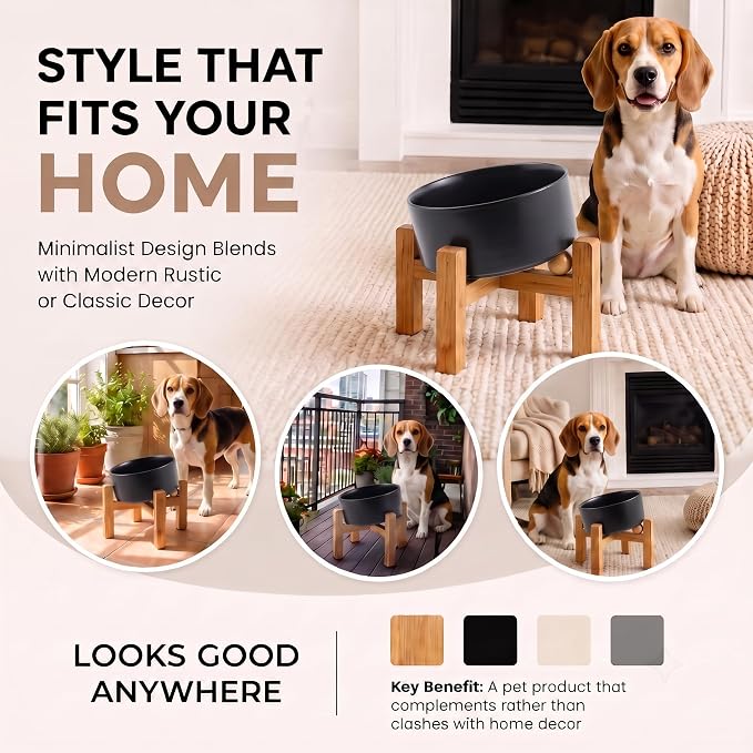 hjn Elevated Ceramic Dog Bowl/Raised Ceramic Dog Bowls with Bamboo Stand, 15°Slanted Raised Pet Feeder for Small Medium Dogs and Cats, Non-Slip Heavy Weighted Design (Black, 3.6Cup)