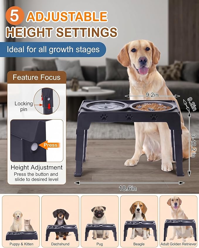 LALOBLUE Collapsible Dog Bowls Raised Elevated Adjust Stand | Elevated Dog Bowls, Dog Bowls Raised, Dog Bowls Elevated,5 Heights Adjustable Elevated Raised Dog Bowls Stand