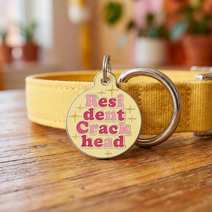 Bad Tags Personalized Dog and Cat ID Tags in 25+ Designs and 2 Sizes - 5 Lines of Custom Engraved Text - Funny Cute Personalized Pet Tags (Resident Crackhead - Yellow, Small (1 inch))