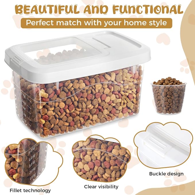2 Pack 11 Lbs Airtight Dog Food Storage Container with Scoops | 2 Measuring Cups, Flip Lids, Clear Bins with Markings, Preserve Freshness, Pet Dog Cat Rice Grain Treat Storage