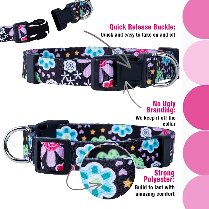 Native Pup Flower Dog Collar, Adjustable Small Medium Large, Cute Girl Female Summer Spring Pretty Designer Puppy Essentials Accessories, Pink Floral Blue Daisy Rose (Large, Heart Flowers)