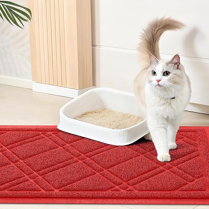 Smiry Cat Litter Box Mat 30x17, Non-Slip Water Resistant Litter Trapping Mat, Easy Clean Less Waste and Urine-Locking Cat Carpet for Indoor, Red