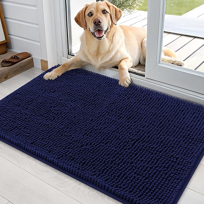 OLANLY Dog Door Mat for Muddy Paws 35x24, Super Absorbent Chenille Mud Mat | Navy Blue, Absorbs Moisture and Dirt, Non-Slip Machine Washable Doormat, Quick-Drying Indoor Entryway Floor Carpet for Dogs