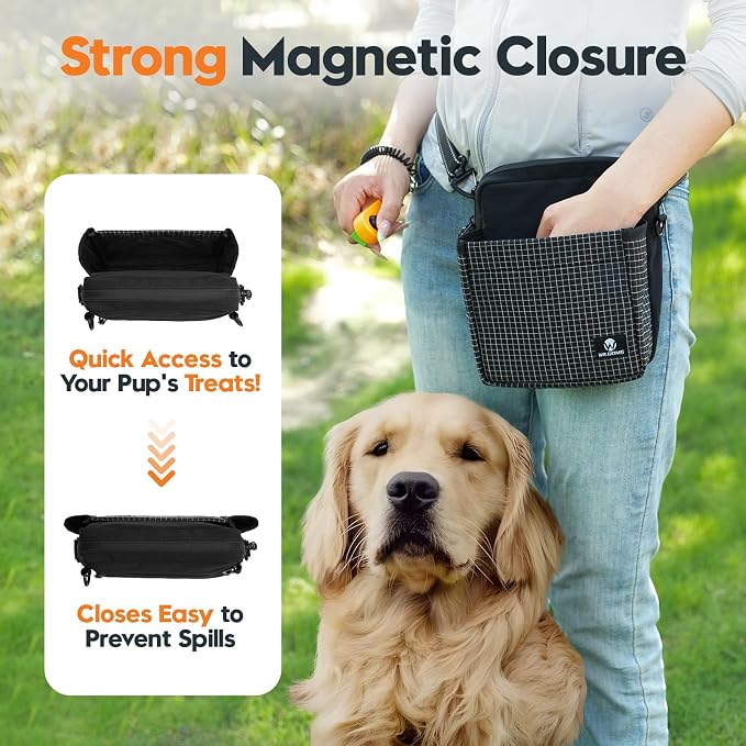 Dog Treat Pouch for Training, Magnetic Dog Walking Bag and Fanny Pack | Large treat pocket with poop bag dispenser, clicker and bowl; hands-free for dog training, walks, park trips and travel
