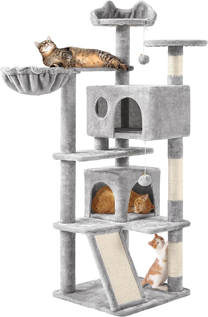 Topeakmart Cat Tree, 57 inches Multi-Level Cat Tree Tower with Scratching Posts, Cat Condo and Basket Kitten Activity Center, Light Gray | Easy to assemble, a great first cat tree with perches, hammock and anti-tip strap, ideal for small to medium cats...