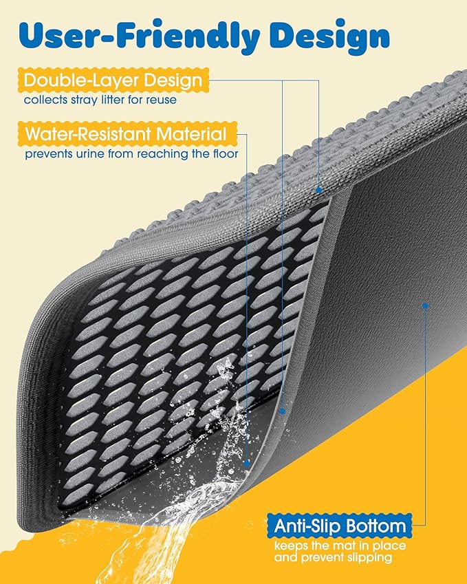 Powools Cat Litter Mat, 46 x 35 in, Waterproof, Non-Slip, Grey | Litter Trapping Mat, Easy to Clean, Litter Box Mat, Urine-Proof, Cat Toilet Training Systems Accessories, Indoor Cats