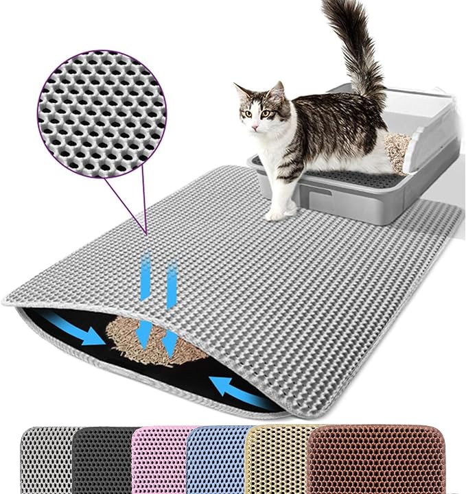 Extra Large Cat Litter Mat XXL, Double Layer Honeycomb, Gray | 46x26”, Reduces Litter Tracking, Easy to Clean, Waterproof, Non-Slip, Soft on Paws, Scratch Resistant, XXL