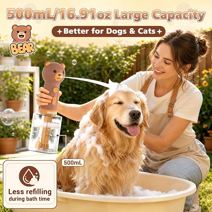 Homrich 500ml Dog Shampoo Foamer with Auto Mixing, Electric Dog Soap Dispenser, Rechargeable Automatic Pet Shampoo Sprayer, Bath Supplies - IPX7 Waterproof Foam Machine for Bathtub Pet Cleaning