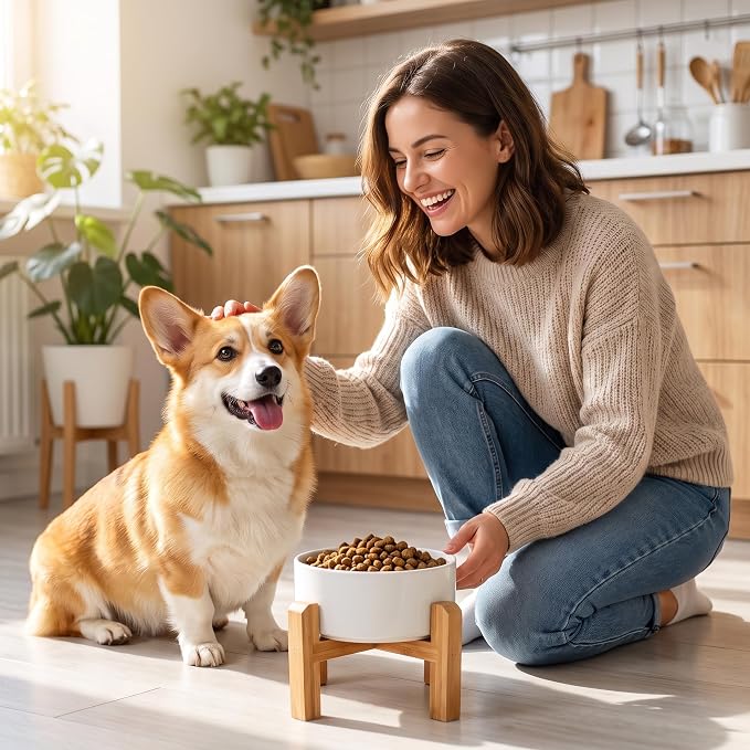 hjn Elevated Ceramic Dog Bowl with Bamboo Stand, Raised Pet Feeding Station for Small Medium Dogs Cats, Modern Design with Anti-Slip Base (White, 3.6Cup)