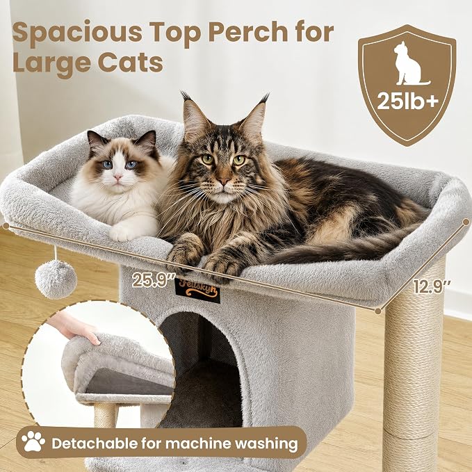 Cat Tree Tower Scratching Post for Indoor Large Adult Cats with Perch Bed | 28in Tall Small Cat Trees House with Big Perch, Condo, Toy Balls, Modern Kitten Climbing Furniture Platform, Light Gray
