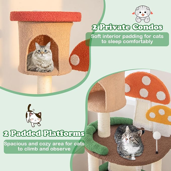 PETSITE Mushroom Cat Tree, 57.5 Inches Tall Multi-Level Cat Tower with Natural Sisal Scratching Posts & Boards, Cat Condo and Teasing Spring Ball, Cute Cat Tree Tower for Indoor Cats Large Adult
