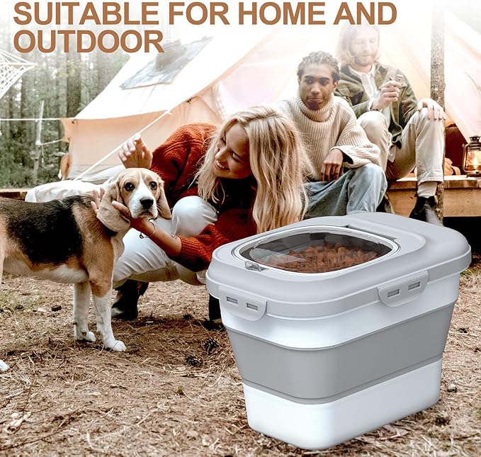 TIOVERY Dog Food Storage Container Small, 10-13lbs Collapsible Dog Cat Food Containers with Airtight Clear Flip-top and Pet Food Scoop, Pet Food Storage Container Bin for Dog Cat Bird Other Pets Grey