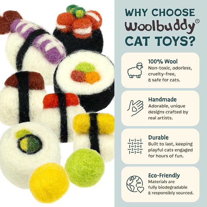 Woolbuddy Sushi Cat Toy Set – Wool Felt Interactive Toys for Indoor Cats & Kittens, Catnip-Free, Durable, Cute Enrichment Toys for Bored Cats, Natural Wool Dental & Hunting Play (Small – 9 Pcs)