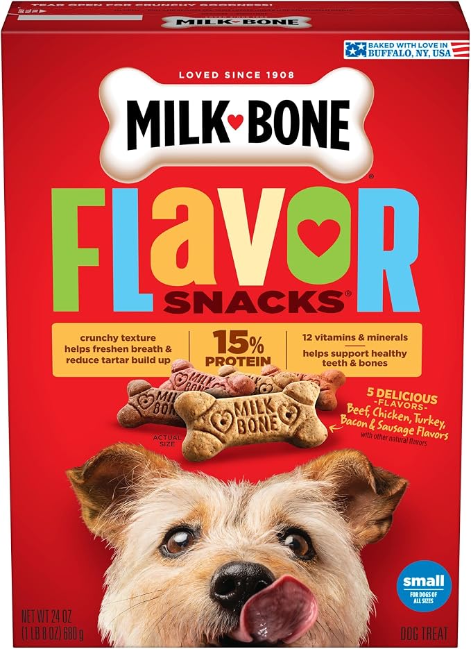 Milk-Bone Flavor Snacks Small Dog Biscuits, Flavored Crunchy Dog Treats, 24 Oz. Box | 5 flavors per box (beef, chicken, turkey, bacon & sausage flavors with other natural flavors), made with 15% protein