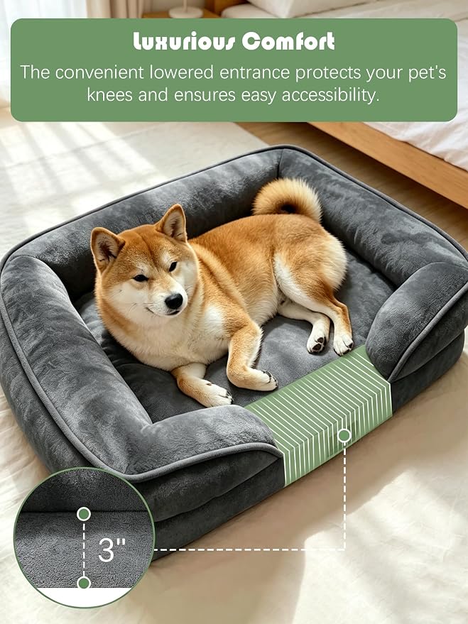 Spotted Play Orthopedic Dog Bed with Sides - Sofa Beds for Medium Dogs, Supportive Foam Pet Couch Bed with Washable Removable Cover, Waterproof Lining and Non-Slip Bottom, Dark Grey - M