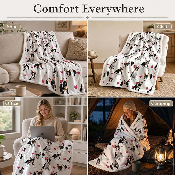 BlessLiving Throw Blanket, White Black Dog Pink Animal, 50x60 Inches | sherpa fleece fabric, Rat Terrier Dense Pet Blankets Puppy print, for couch or sofa, pet lovers, easy machine care
