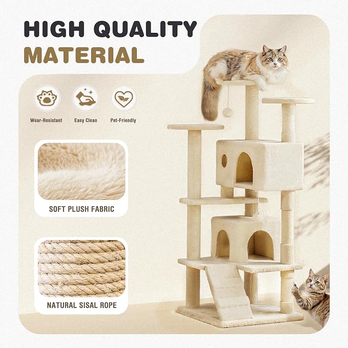 54 Inch Cat Tree Tower with Natural Sisal Scratching Post | Multi-Level Cat Climbing Tower with Hammock, Pet Condo for Indoor Cats and Kittens, Beige
