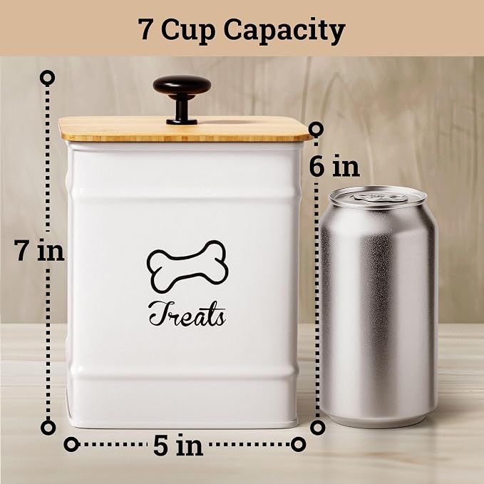 Dog Treat Container with Airtight Bamboo Lid, 5"W x 7"H, 7 Cup Capacity | Fits Most Popular Treats, 7 Cups Capacity, Airtight Bamboo Lid, Easy Open Metal Lid Handle, Dent-Resistant Durable Metal