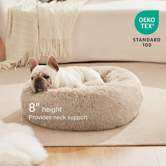 Love's cabin Calming Cat Bed for Indoor Cats, Anti-Anxiety Donut Round Dog Bed,Fluffy Faux Fur Washable Pet Bed for Small Medium Dogs and Cats, Taupe, 24in