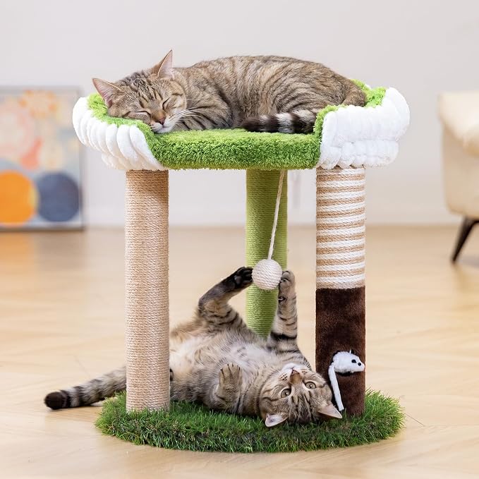 WOOCHPET 20" Small Cat Tree for Kittens, Cute Green Mini Kitty Tower with Removable Washable Perch Bed, 3 Sisal Scratching Posts, Toy Mouse for Small Indoor Cats