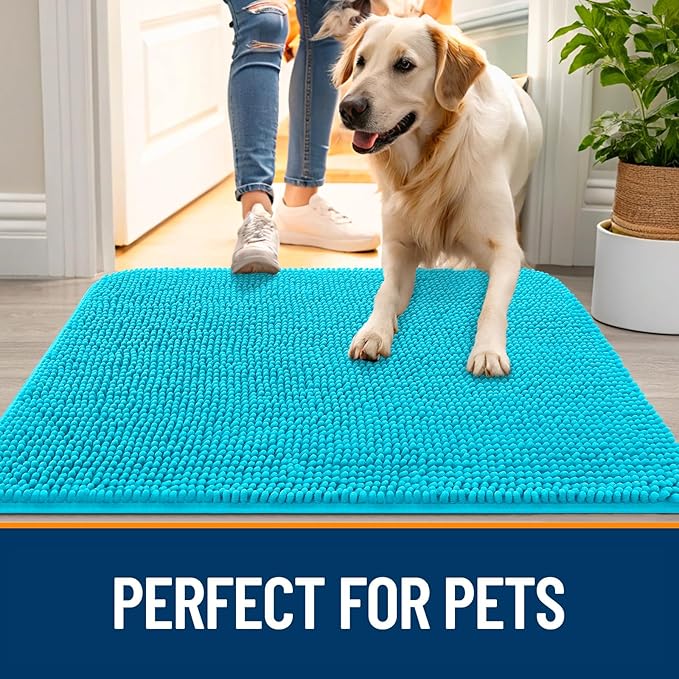 OLANLY Dog Door Mat for Muddy Paws 70x35, Super Absorbent Chenille Mud Mat | Aqua Blue, Absorbs Moisture and Dirt, Non-Slip Machine Washable Doormat, Quick-Drying Indoor Entryway Floor Carpet for Dogs