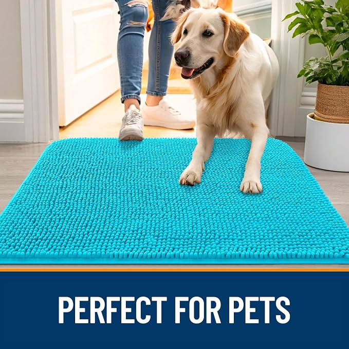 OLANLY Dog Door Mat for Muddy Paws 47x24, Super Absorbent Chenille Mud Mat | Aqua Blue, Absorbs Moisture and Dirt, Non-Slip Machine Washable Doormat, Quick-Drying Indoor Entryway Floor Carpet for Dogs