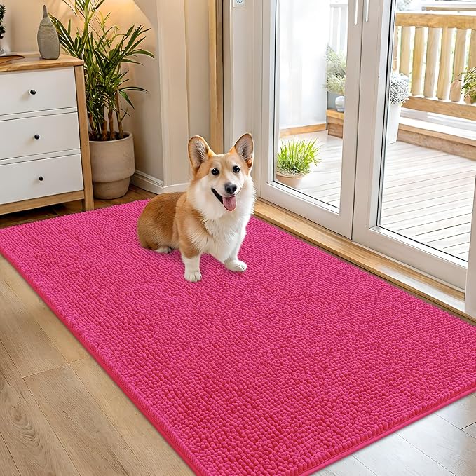 OLANLY Dog Door Mat for Muddy Paws 54x32, Super Absorbent Chenille Mud Mat | Hot Pink, Absorbs Moisture and Dirt, Non-Slip Machine Washable Doormat, Quick-Drying Indoor Entryway Floor Carpet for Dogs
