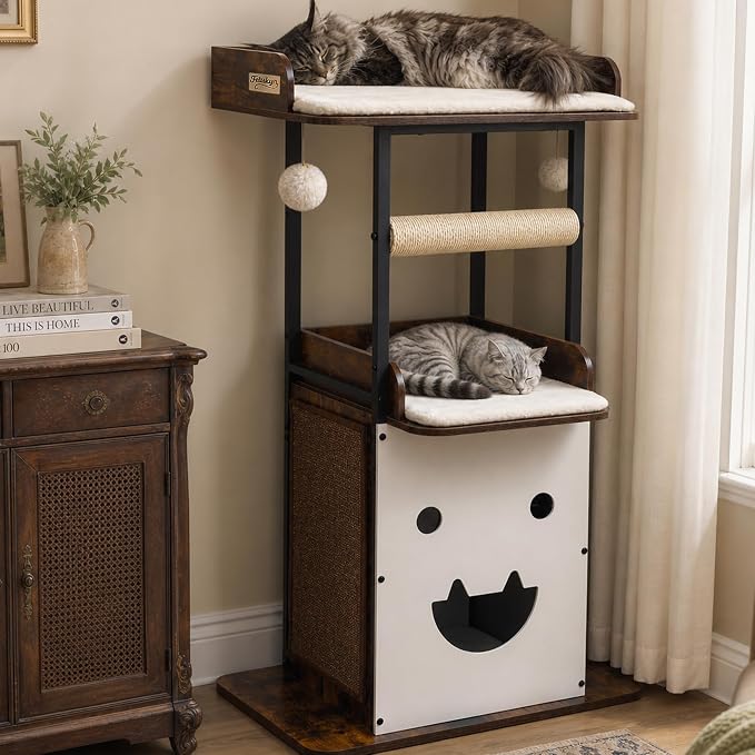 48in Wood Modern Cat Tree for Large Indoor Cats with Big Perch Bed | Multi-Level Climbing Design, Cat Cando, Sisal Scratching Posts and Board, Removable Washable Pads, Stable Rustic Brown