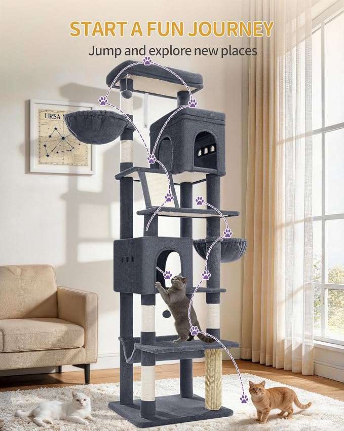 Hzuaneri Tall Cat Tree 84 Inch, Indoor Large Multi-Level Cat Tower | Cat Condo Furniture with 5 Scratching Post, 2 Hanging Basket, 2 Condo, 2 Large Platform, Pet Play House, Dark Grey MS21318SG