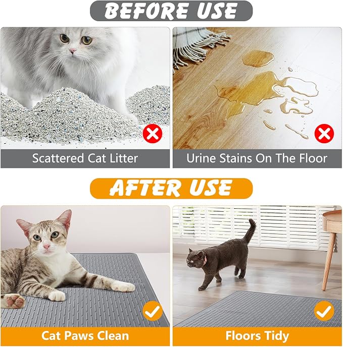 Silicone Cat Litter Mat, Waterproof, Raised Edge, 28 x 20 in, Gray | Quick-clean silicone, leakproof floor protection, non-slip base, doubles as feeding mat