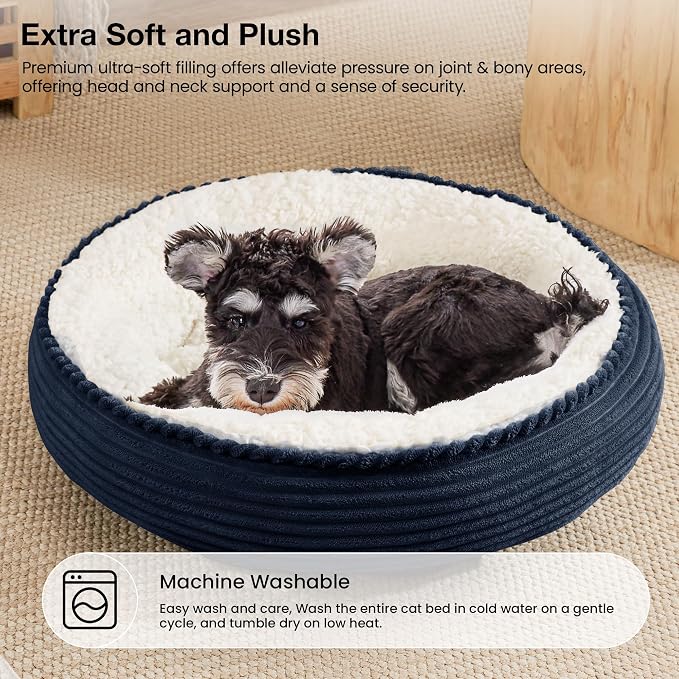 Love's cabin Round Donut Cat and Dog Cushion Bed, 24in Pet Bed for Small or Medium Dogs, Anti-Slip & Water-Resistant Bottom, Soft Durable Fabric Pet Beds, Washable Calming Cat Bed Navy Blue