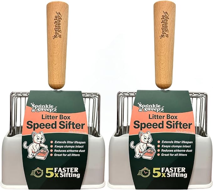 Sprinkle & Sweep: Litter Box Speed Shifter - 2 Pack - Metal Scoop, Comfortable Wood Grip, Washable Stand, Efficient Cleaning, Cat & Pet Maintenance