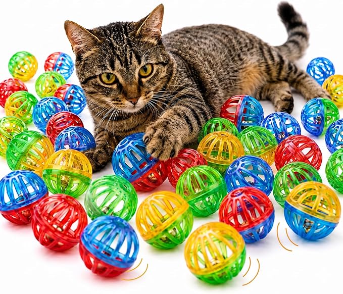 50-Pack Cat Toy Balls with Bells 1.6” Plastic Lattice Jingle Balls for Indoor Cats and Kittens Colorful Interactive Chasing and Batting Toys for Active Play