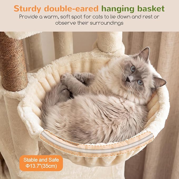 Globlazer Sturdy Cat Tower for Indoor Cats 20lbs, 76in, S76E, Beige | Heavy Duty Cat Tree for Adult Big Cats Maine Coon with Scratching Post, 2 Extra Large Top Perch, 2 Padded Cat Condos