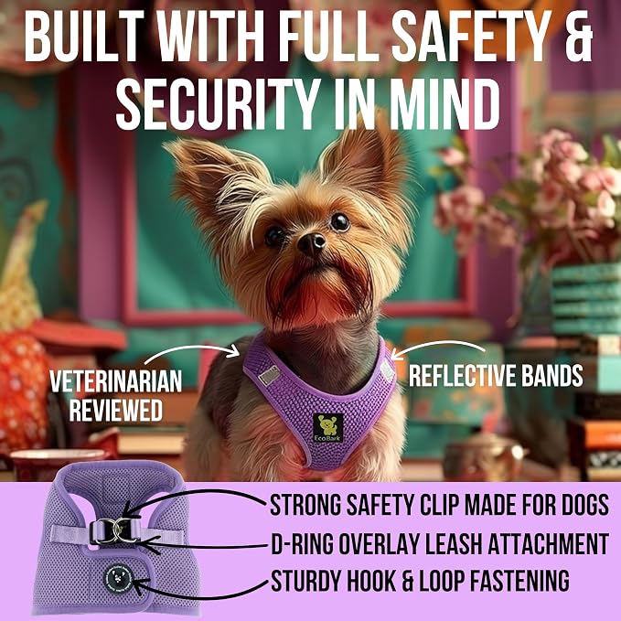 EcoBark Step in Dog Harness - Eco-Friendly Dog Harnesses for Small and Medium Breed Dogs - Reflective and Adjustable Body Halter Vest - Soft Mesh Toy Breed Harness (Lavender, Large)