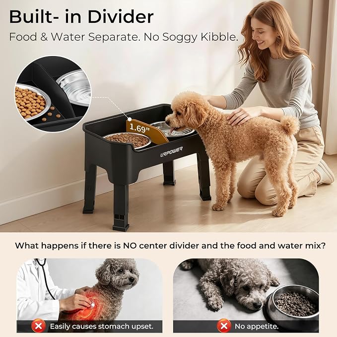 URPOWER Mess Proof Elevated Dog Bowls, High Wall Splash Guard Design, 4 Height Adjustable Raised Bowl Stand, 2 Stainless Steel Bowls, Non-Slip Food Water Set for Small Dogs