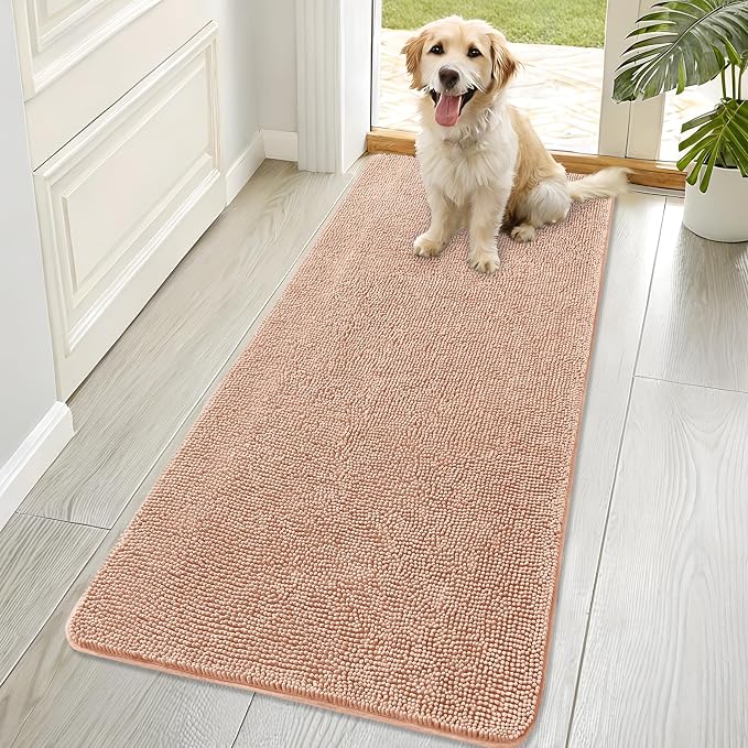OLANLY Dog Door Mat for Muddy Paws 70x32, Super Absorbent Chenille Mud Mat | Peach, Absorbs Moisture and Dirt, Non-Slip Machine Washable Doormat, Quick-Drying Indoor Entryway Floor Carpet for Dogs