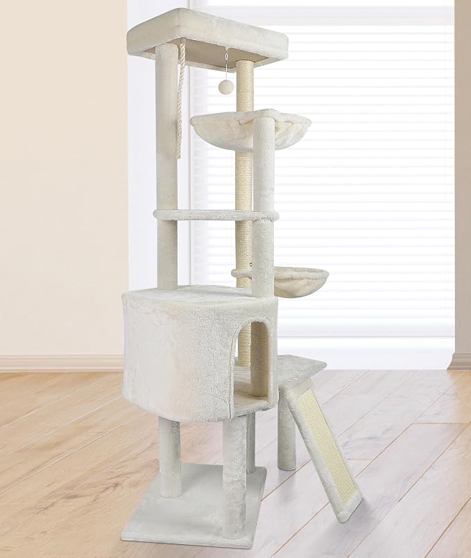 Wang Xin Four Layer Big Cat Tree with Huge Cat Condo and Two Hammocks Scratch Pad,Beige