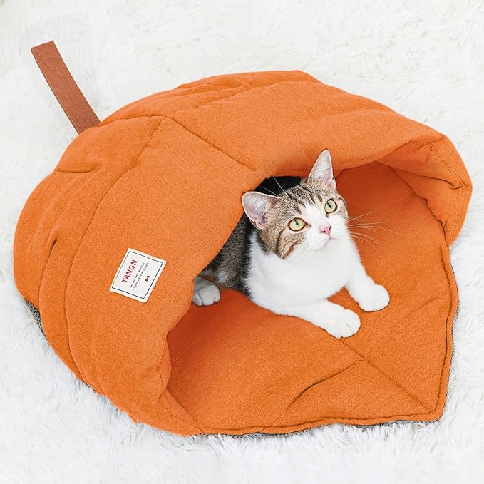 Cat Sleeping Bag Cave Bed with Non-Slip Bottom (Maple Orange) | Comfortable Linen Fabric, Non-stick Hair, Felt Handle, Washable, Suitable Size for Most Cats and Puppy, Durable Pet Nest