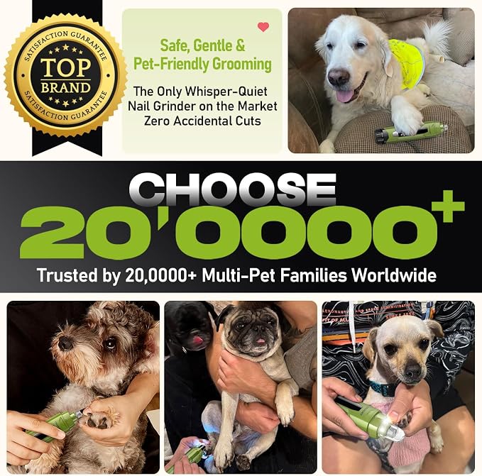 Whisper-Quiet Dog Nail Grinder, 50% More Powerful 6-Speed Pet Nail Trimmer with LED Display & 4 LED Lights, 3 Grinding Bits, No Over-Cutting, Stress-Free Grooming for Dogs, Cats & All Sensitive Pets