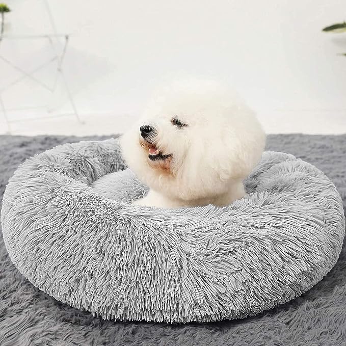 HACHIKITTY Calming Donut Cuddler Dog Bed, Round Fluffy Pet Bed for Small Dogs,Washable, Large, Gray, 24''