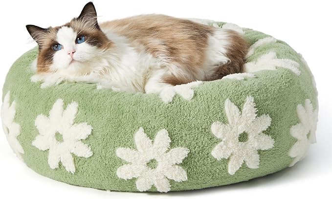 LE SURE Shown on TV Donut Cat Beds for Indoor Cats - Round Small Dog Bed Calming Gift for Pets, Cute Modern Home Decor Beds with Jacquard Shaggy Plush & Anti Slip Bottom, 20 Inch, Green