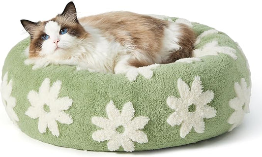 LE SURE Shown on TV Donut Cat Beds for Indoor Cats - Round Small Dog Bed Calming Gift for Pets, Cute Modern Home Decor Beds with Jacquard Shaggy Plush & Anti Slip Bottom, 20 Inch, Green