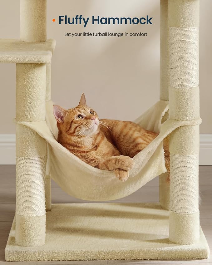 SONGMICS HOME Cat Tree for Indoor Cats, Multi-Level Cat Tower with Sisal Scratching Posts, Hammock and Condo, Beige