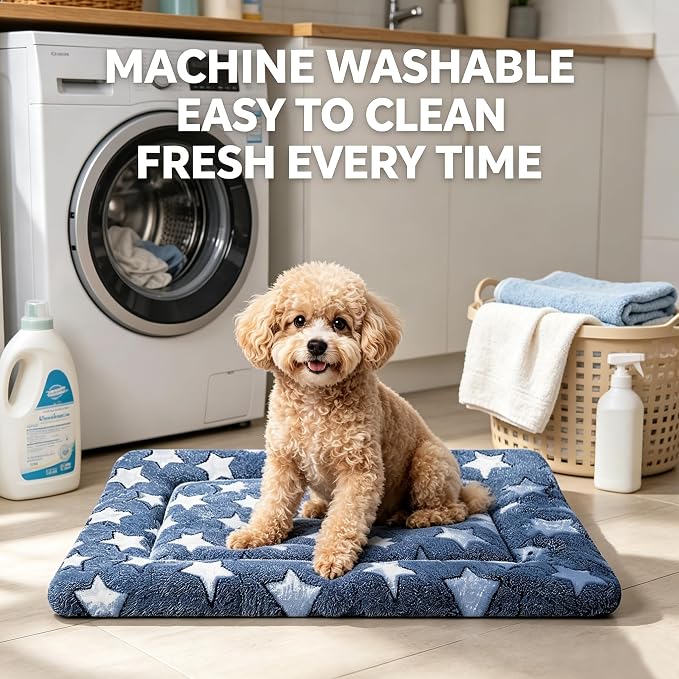 Dog Bed Mat - Comfortable Dog Kennel Pad, Multi-Purpose Crate Bed Mats for Dogs & Cats (NavyBlue&Stars, 24.0" L x 18.0" W x 1.5" Th)