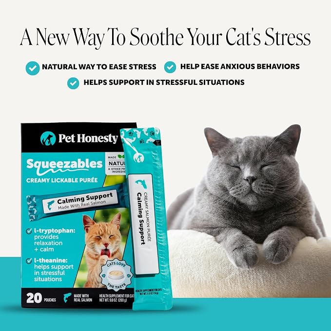 Pet Honesty Cat Lickable Treats with L-Theanine & Chamomile - Squeezable Puree Pouches for Cats - Behavior Support for Travel, Vet Visits, Grooming, & Separation (Salmon, 20 Ct)