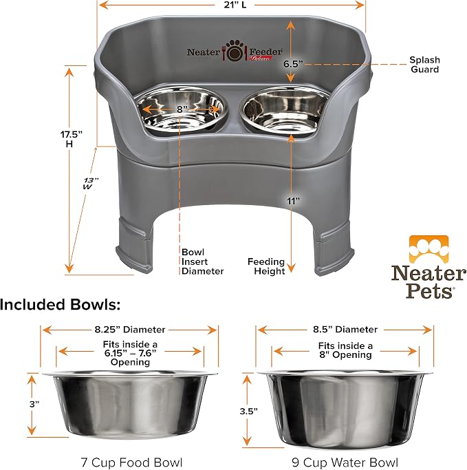 Neater Feeder Deluxe Mess-Proof Elevated Dog Bowls for Large Dogs (40+ lbs), 2 Height Adjustable (14.5” & 17.5”) No-Spill Raised Dog Bowl Stand, Stainless Steel Food Bowl Set, Made in USA, Gunmetal