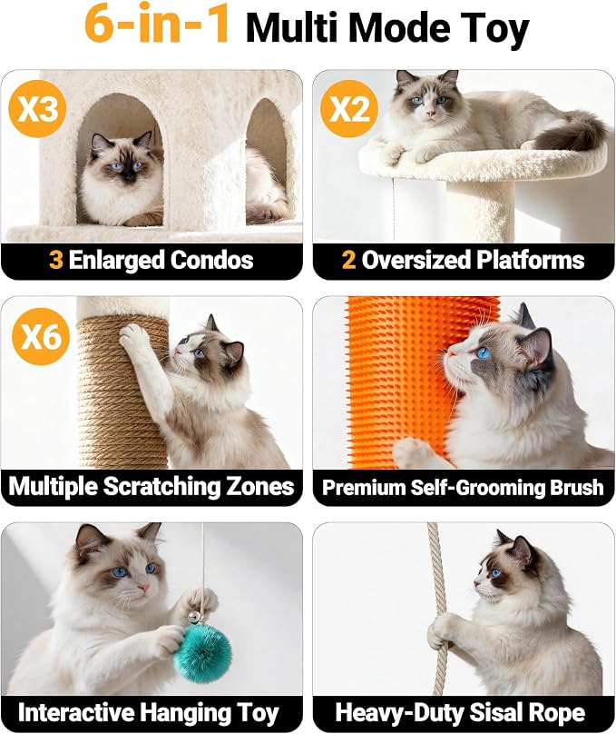 Eco-Wood Cat Tree Tower,【Top Heavy Duty】 Cat Tower for All Indoor Cats | 54” Super Sturdy Cat Tower Bed with 6 Scratching Posts, Scratch rope, Scratcher, 3 Enlarged Cat Condos, Jumping Perches